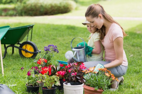 Community reuse hub with donated planters and tools on display